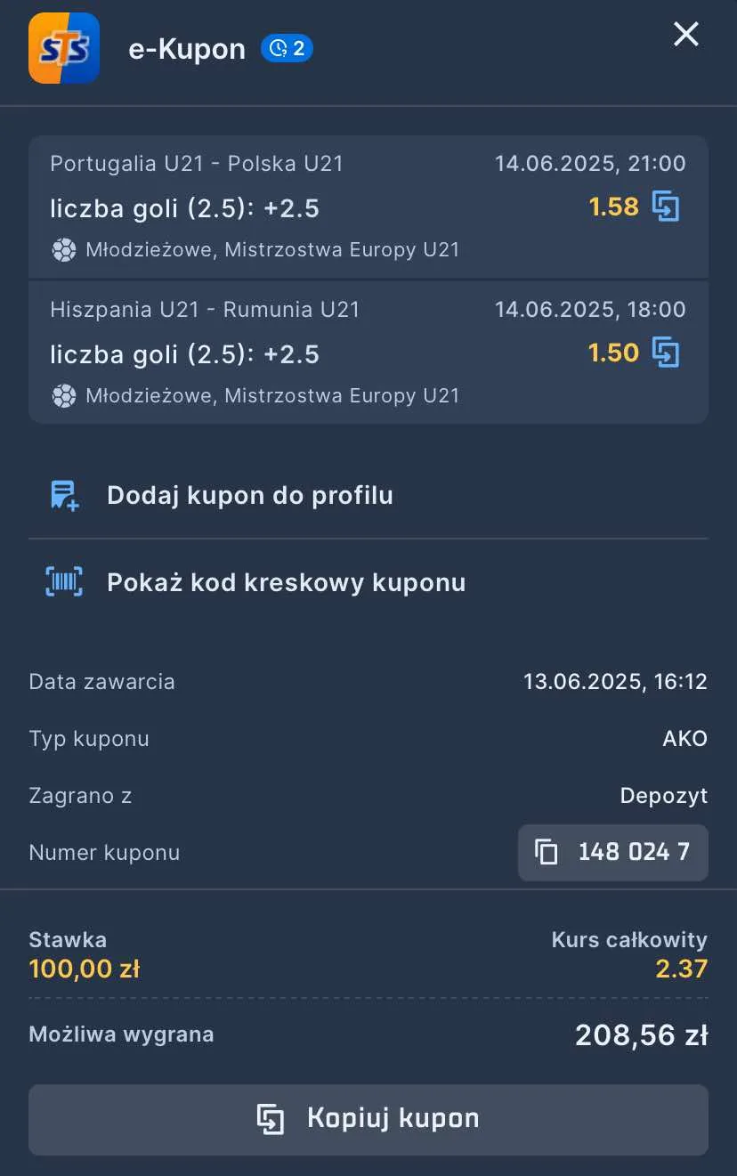 kupon na Euro U21 14.06