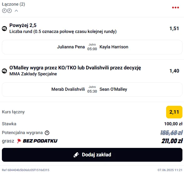 kupon-double-betclic-ufc-316-dvalishvili-omalley-pena-harrison
