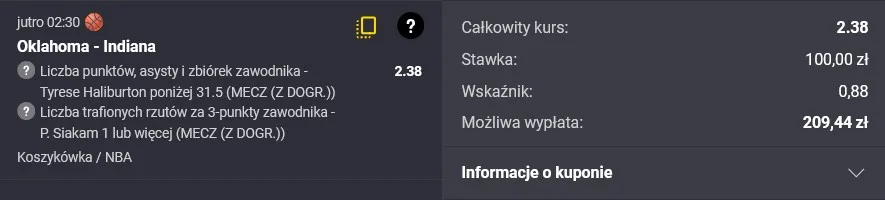 Kupon NBA w dniu 05.06.2025 w Fortunie 