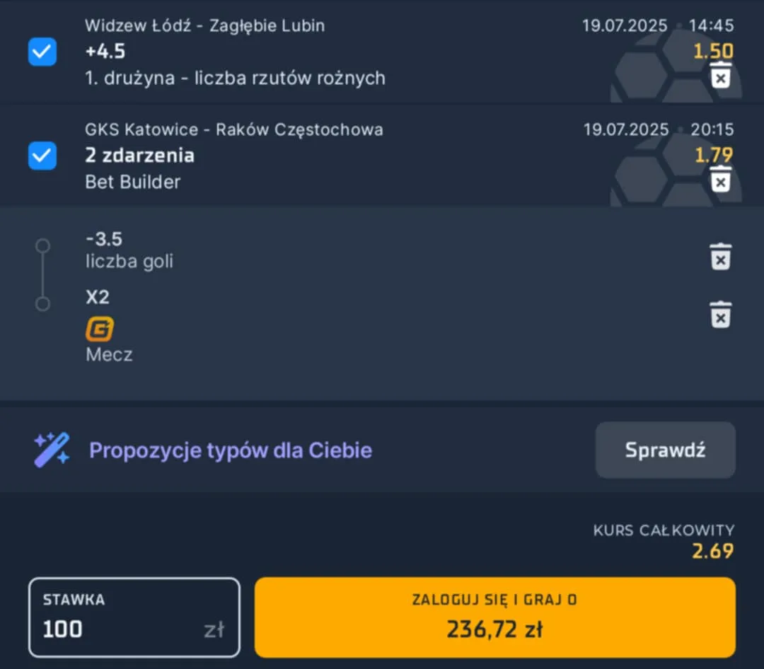 Kupon double Ekstraklsa 19.07.2025