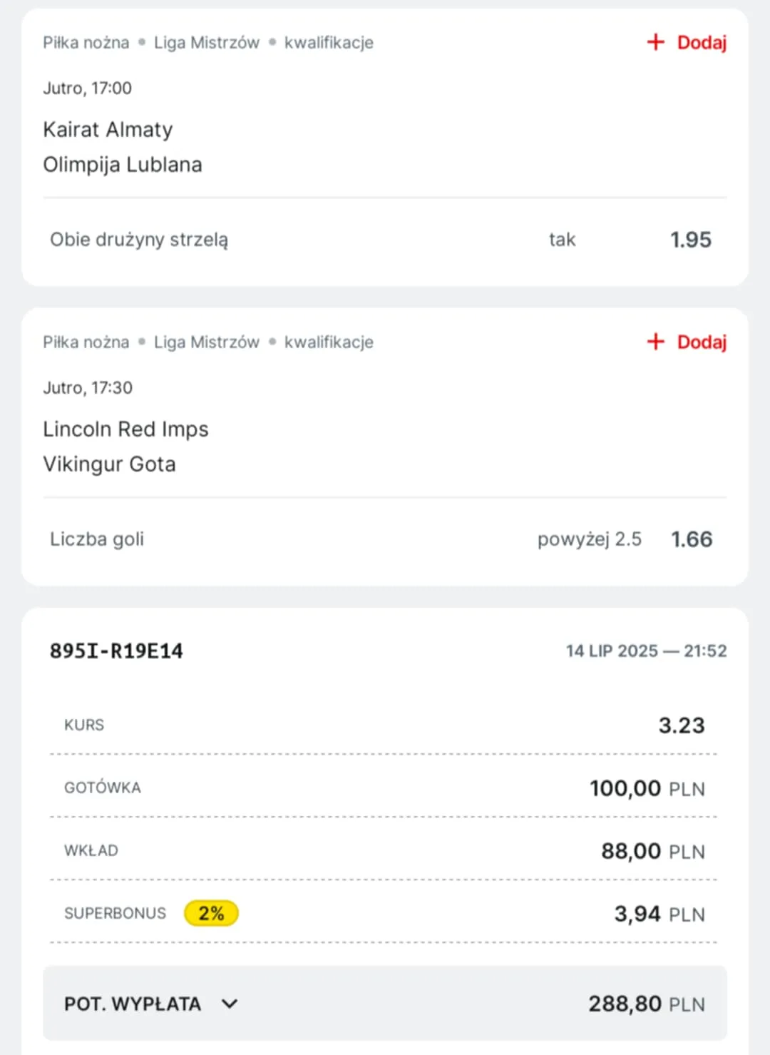 Kupon double eliminacje LM 15.07.2025