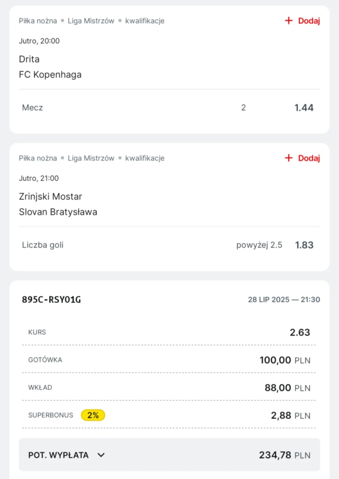 Kupon double eliminacje LM 29.07.2025