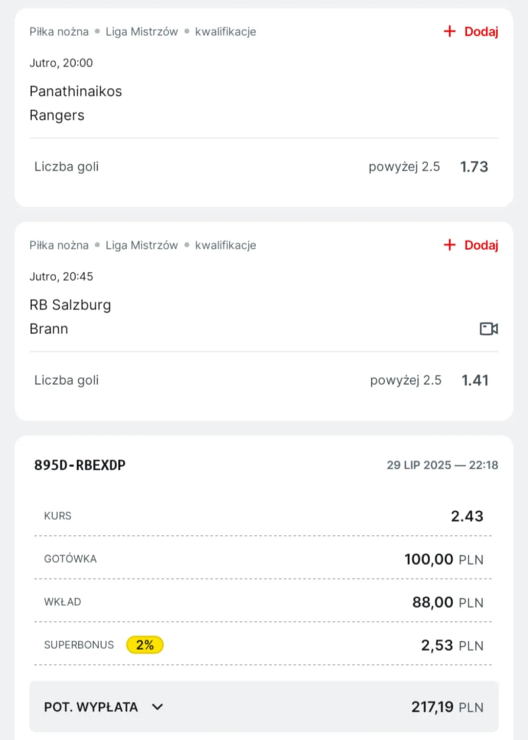 Kupon double eliminacje LM 30.07.2025