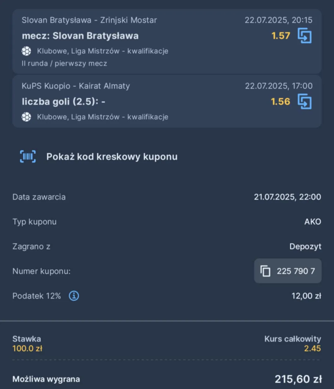 Kupon double eliminacje LM 22.07.2025