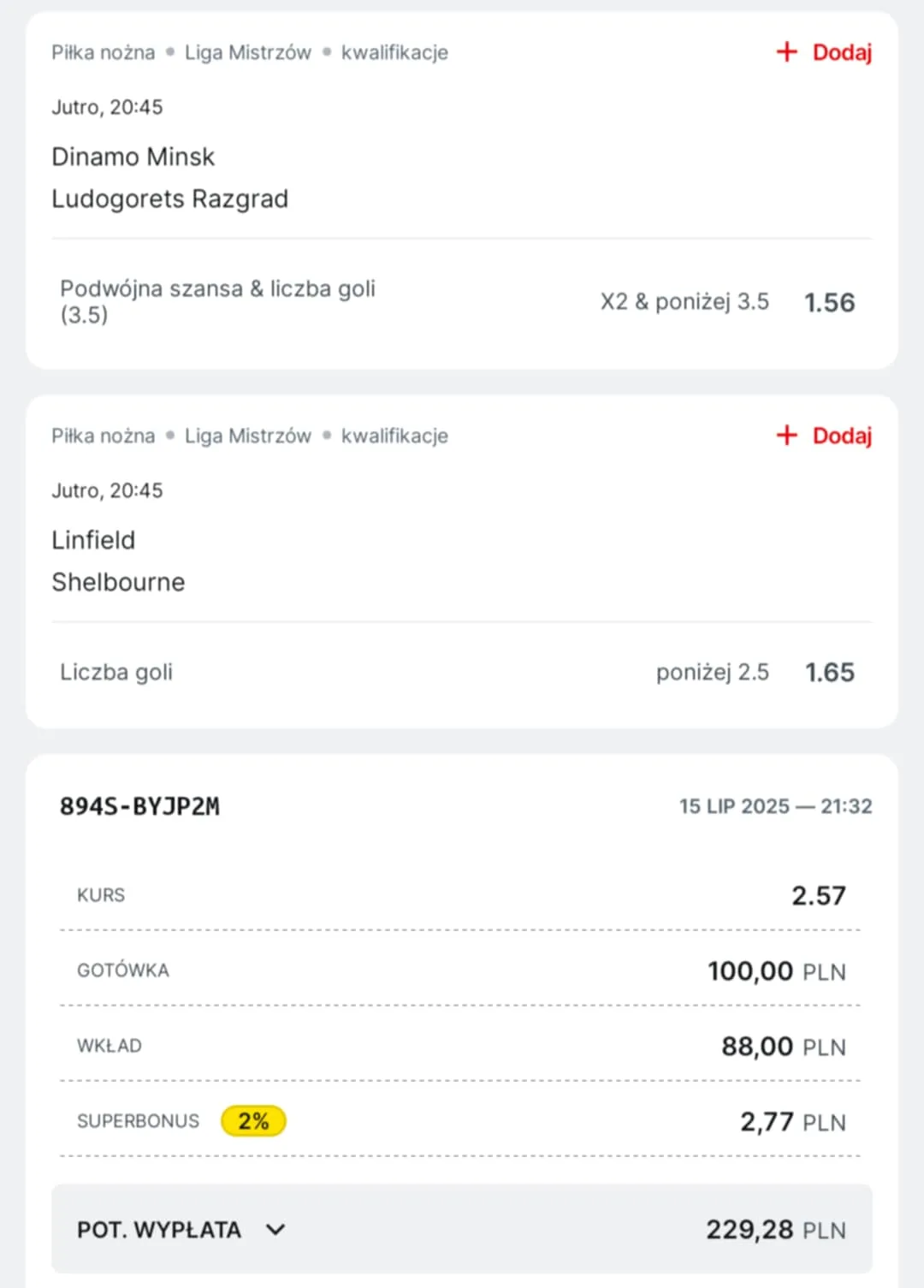 Kupon double eliminacje LM 16.07.2025