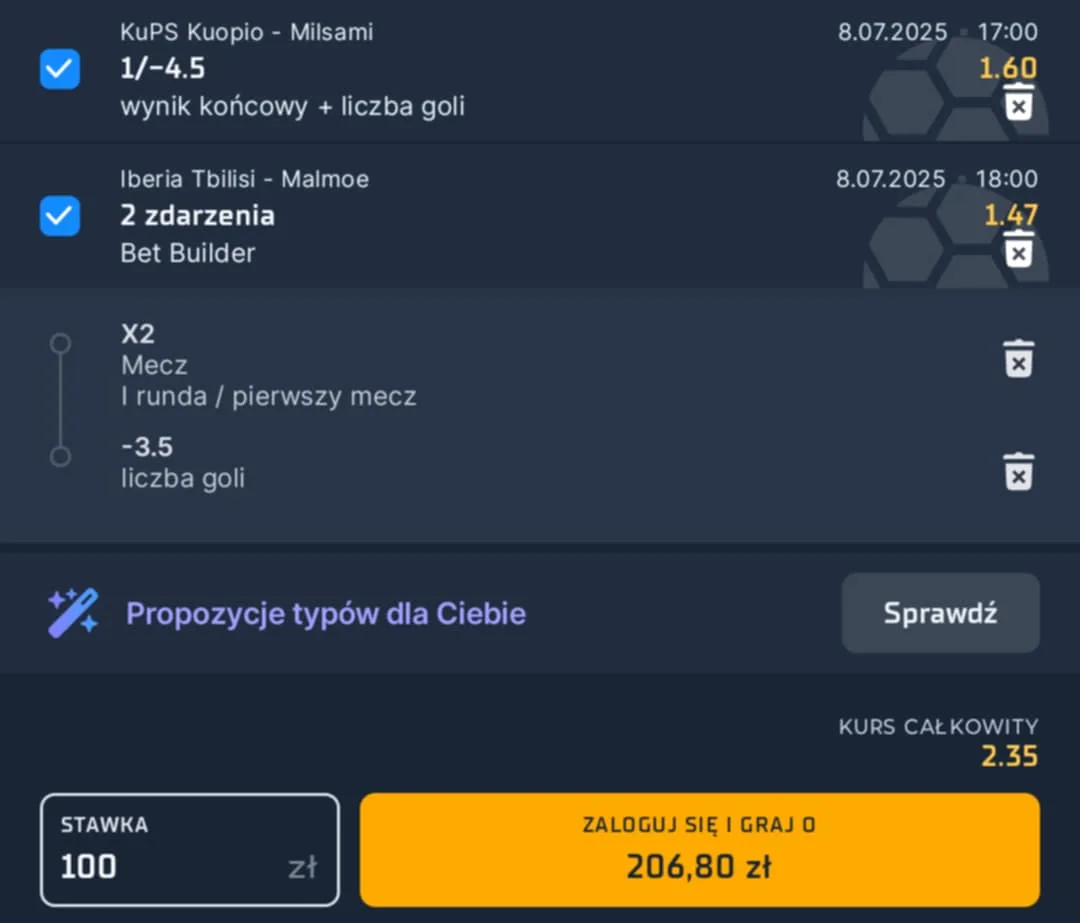 Kupon double eliminacje LM 08.07.2025