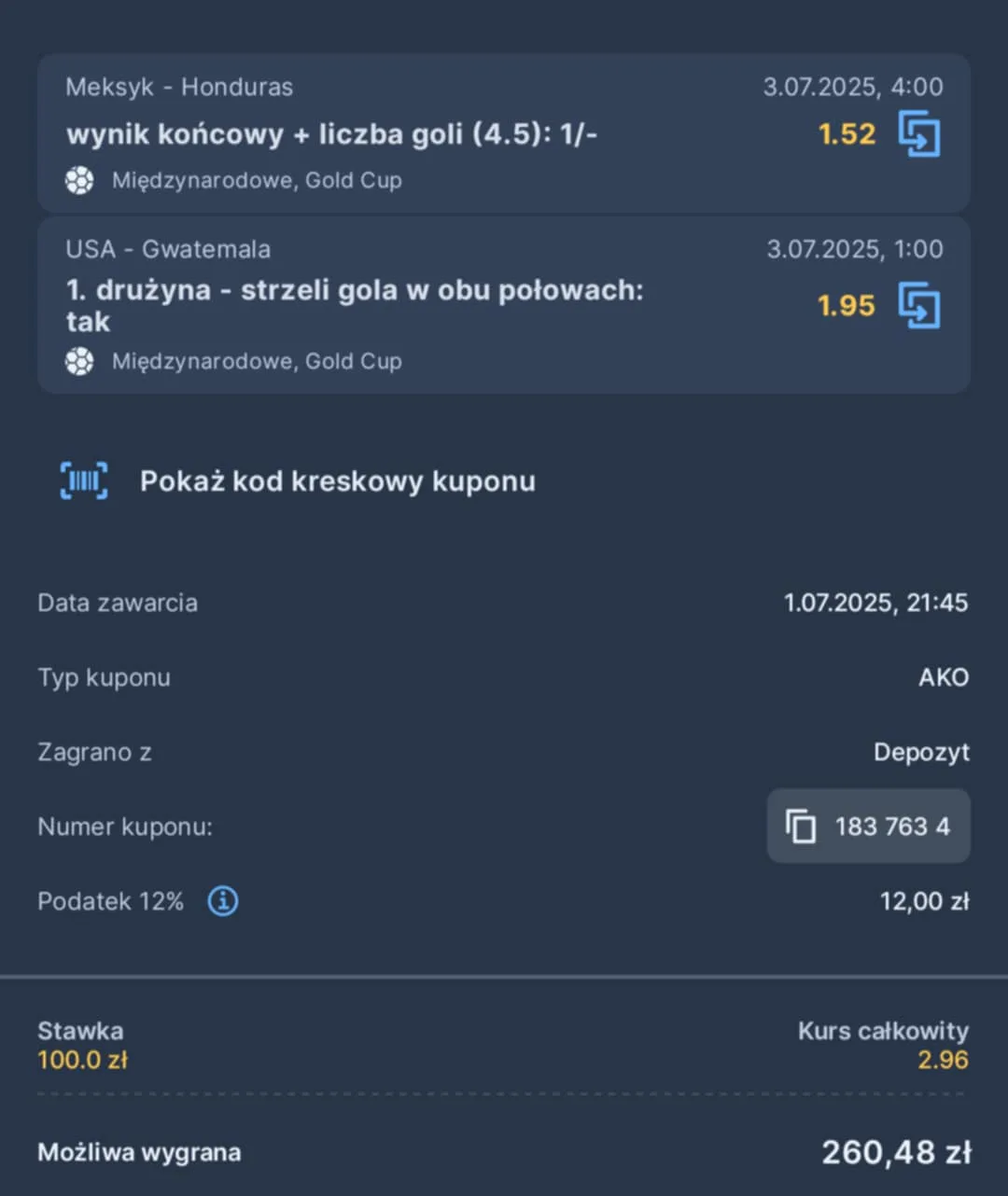 Kupon double Gold Cup 02.07.2025