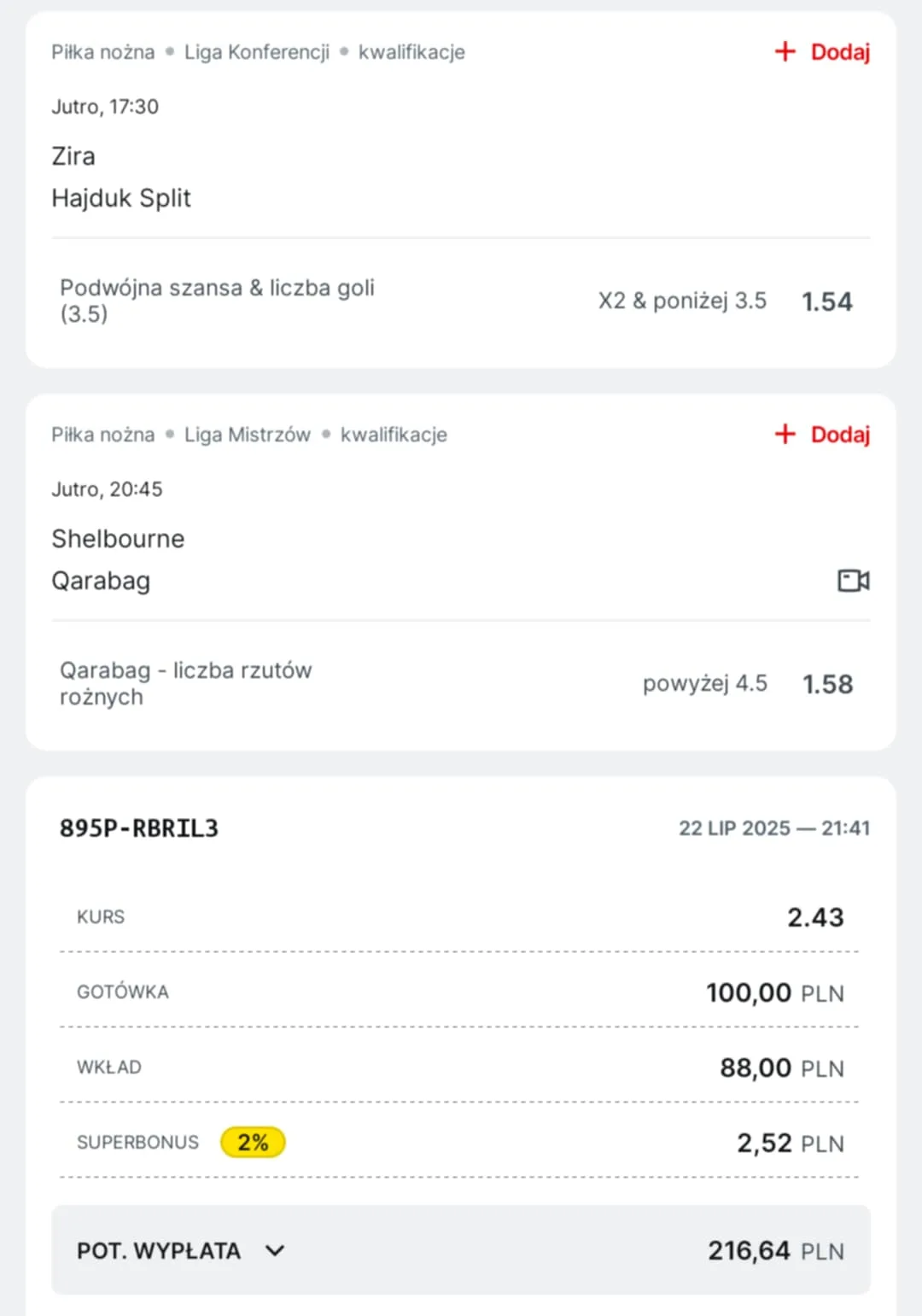 Kupon double Eliminacje LM, LK, 23.07.2025