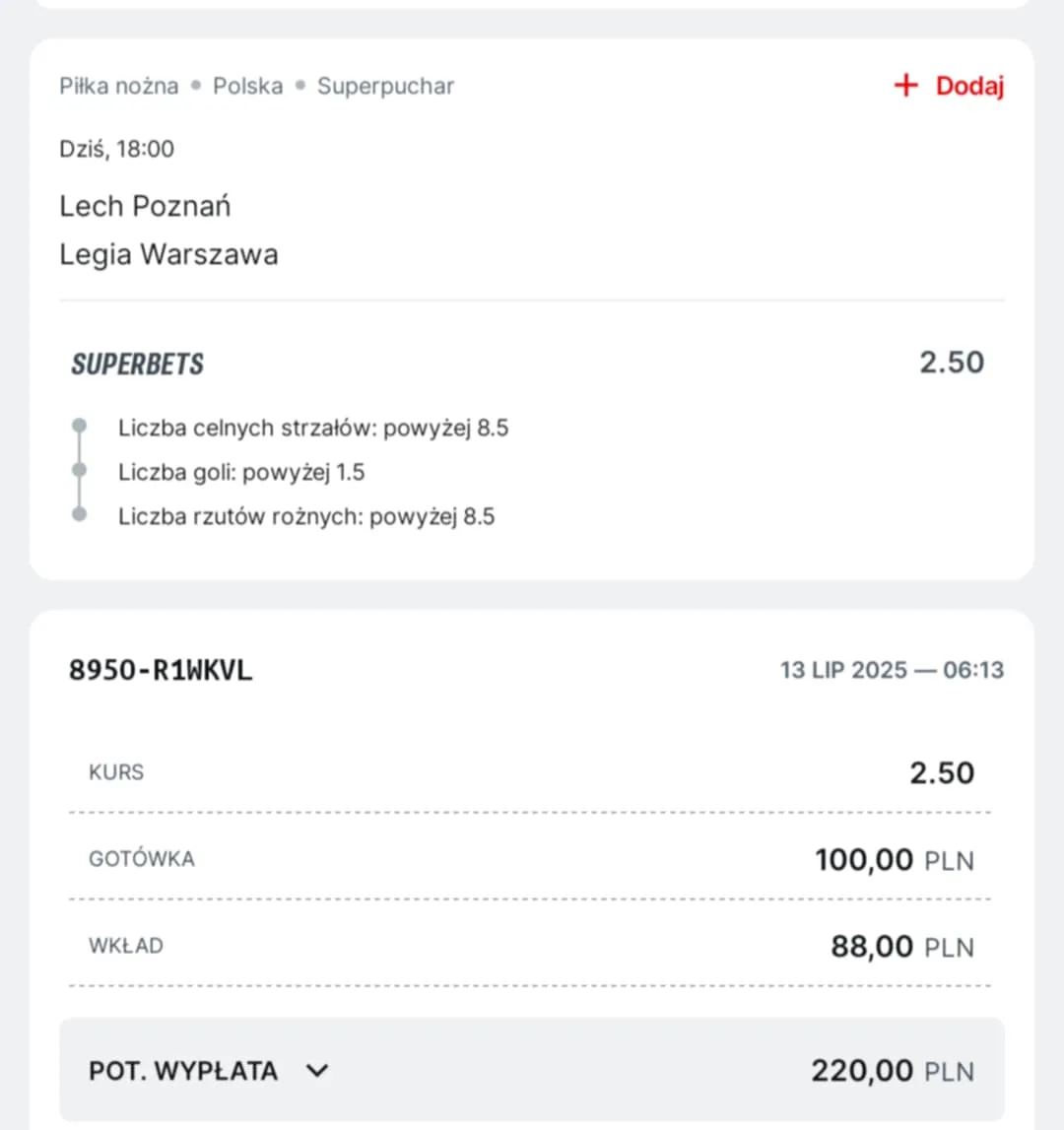Kupon solo Superpuchar Polski 13.07.2025