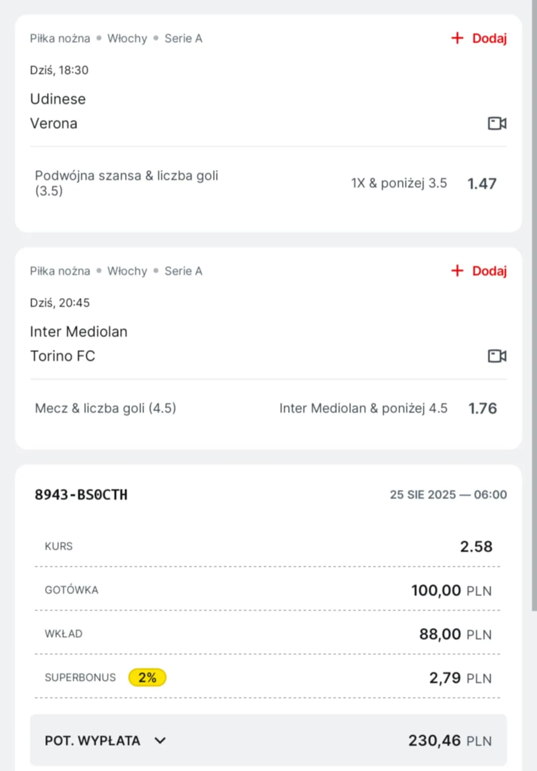 Kupon double Serie A 25.08.2025