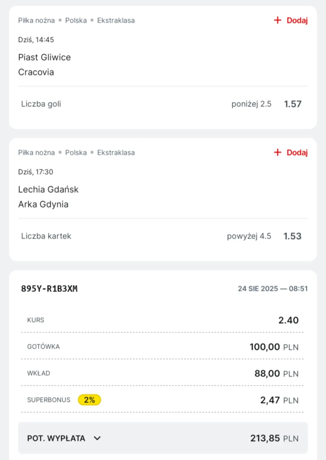 Kupon double Ekstraklasa 24.08.2025