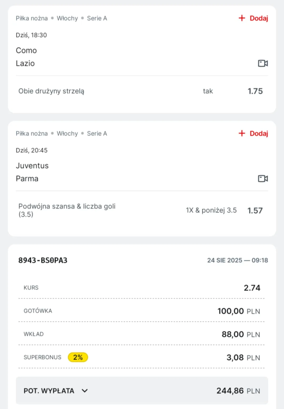 Kupon double Serie A 24.08.2025