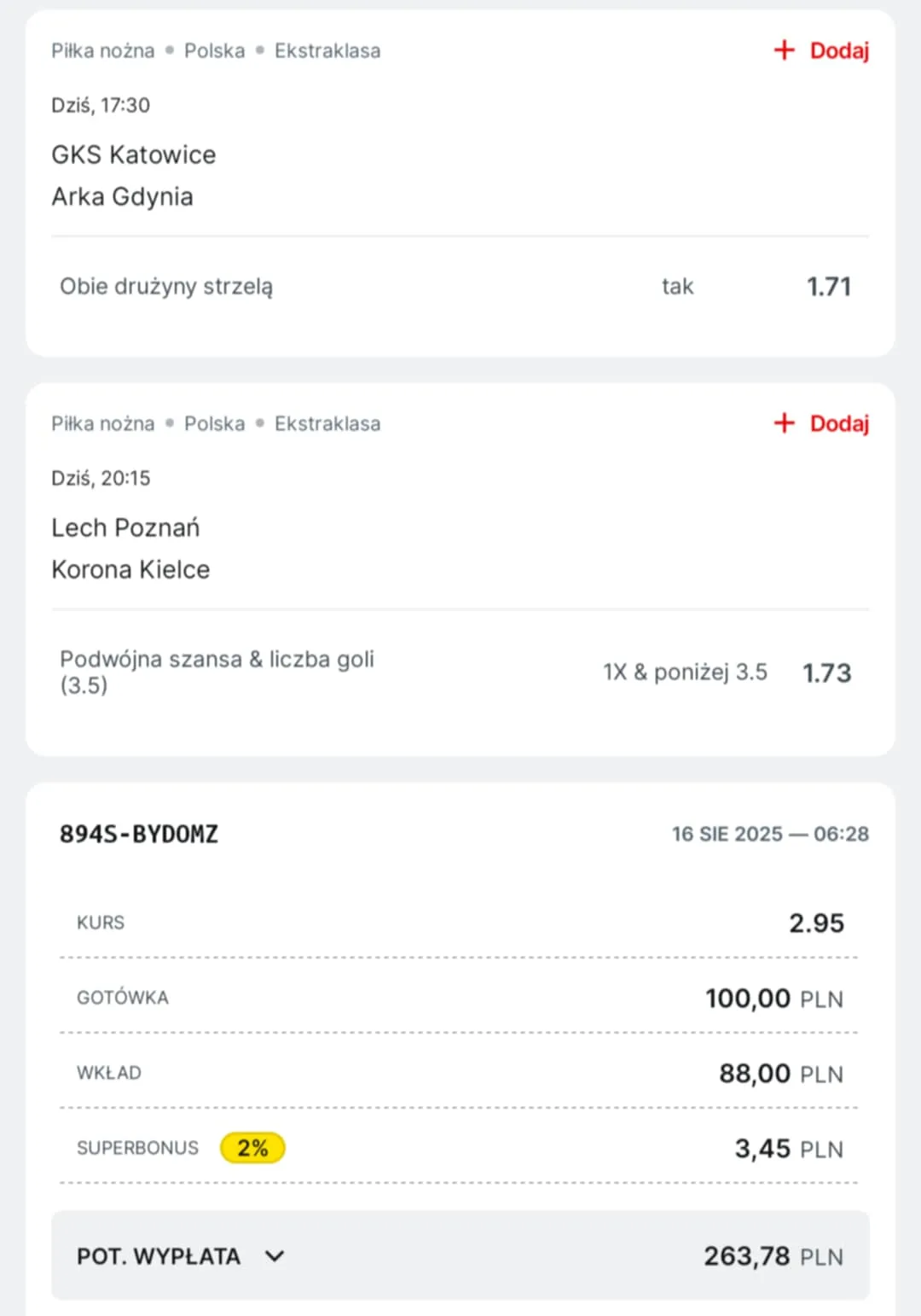 Kupon double Ekstraklasa 16.08.2025