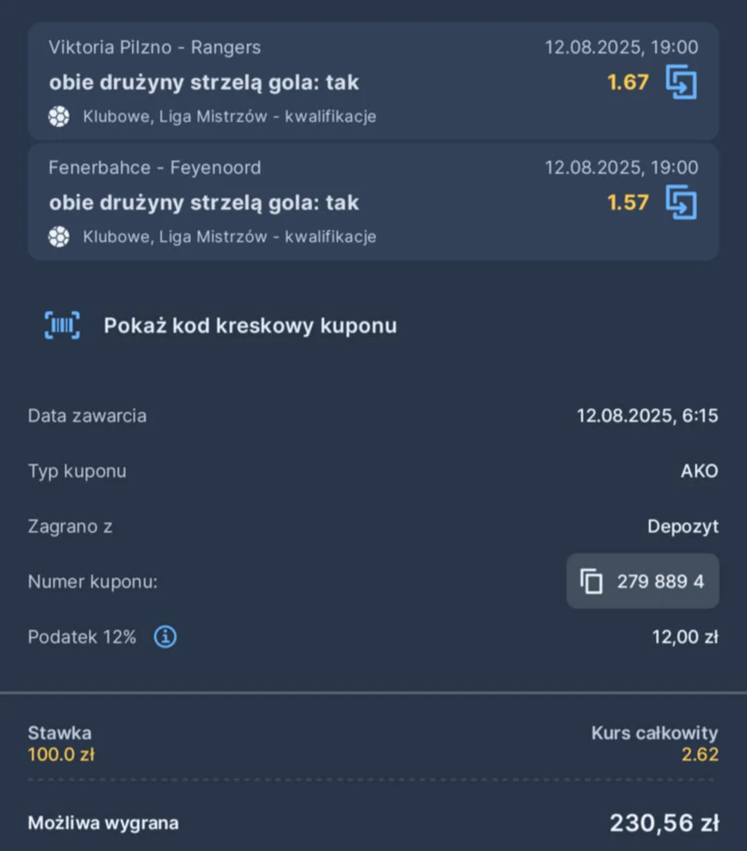 Kupon double eliminacje LM 12.08.2025