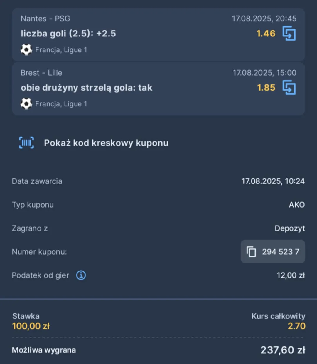 Kupon double Ligue 1, 17.08.2025