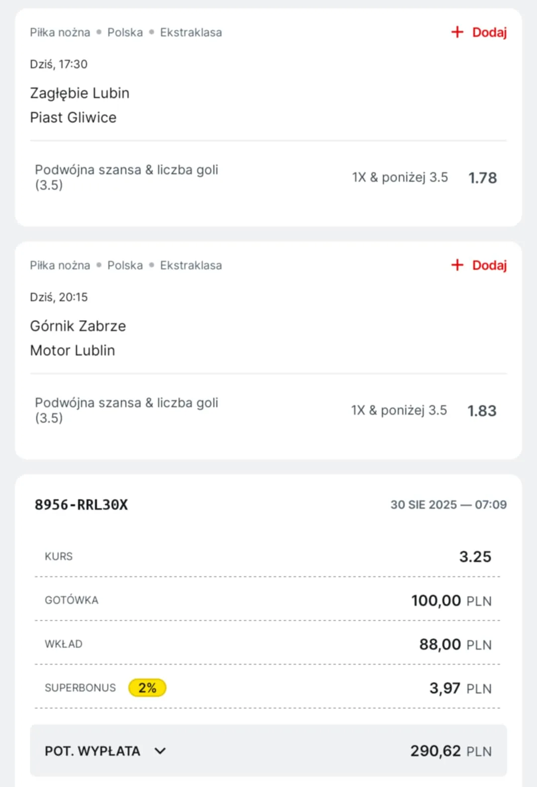 Kupon double Ekstraklasa, 30.08.2025