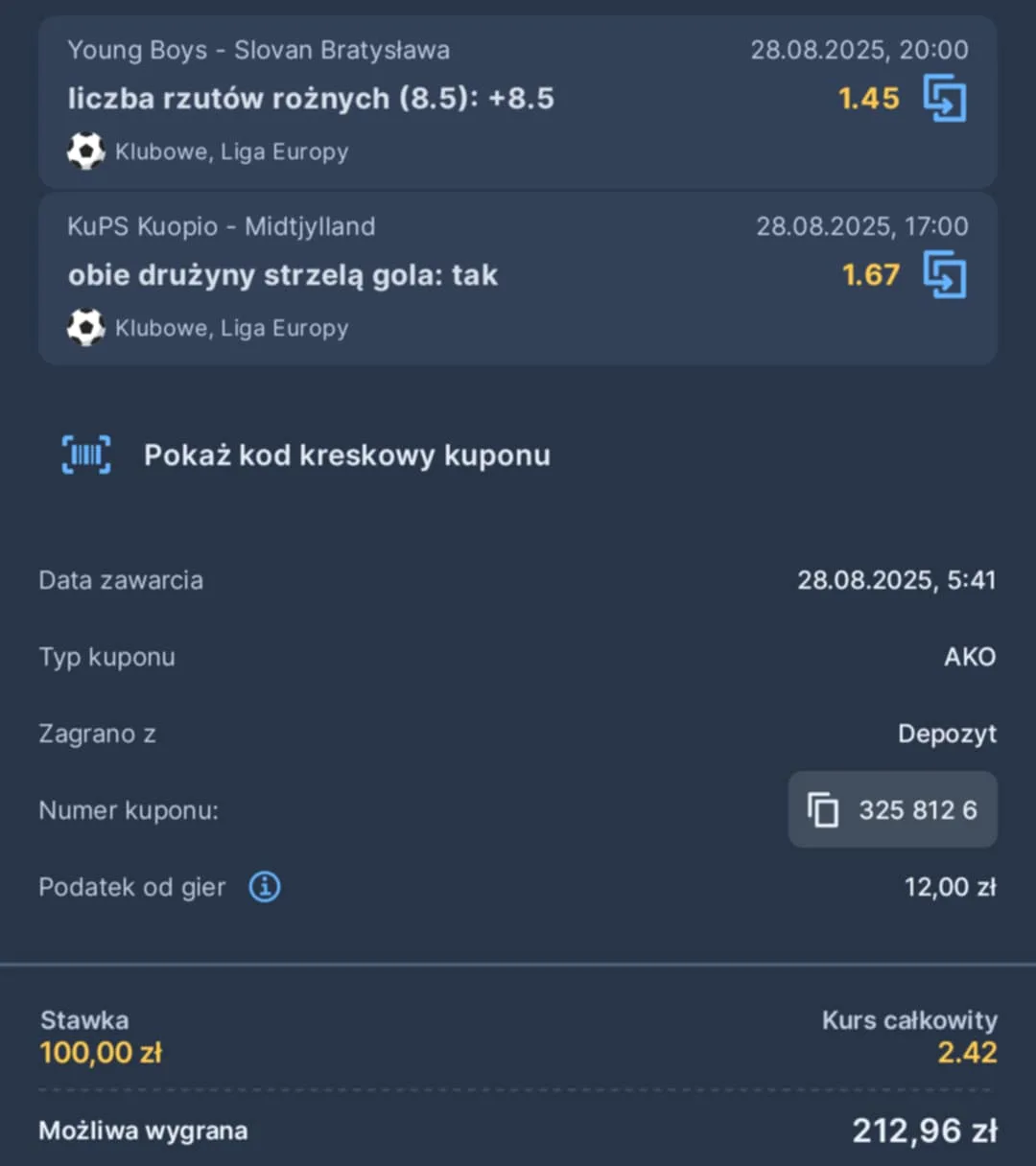 Kupon double eliminacje LE 28.08.2025