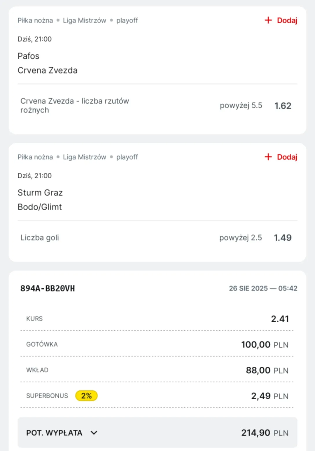 Kupon double eliminacje LM 26.08.2025