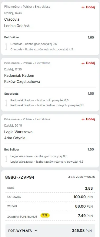 Kupon Superbet Ekstraklasa 03.08.
