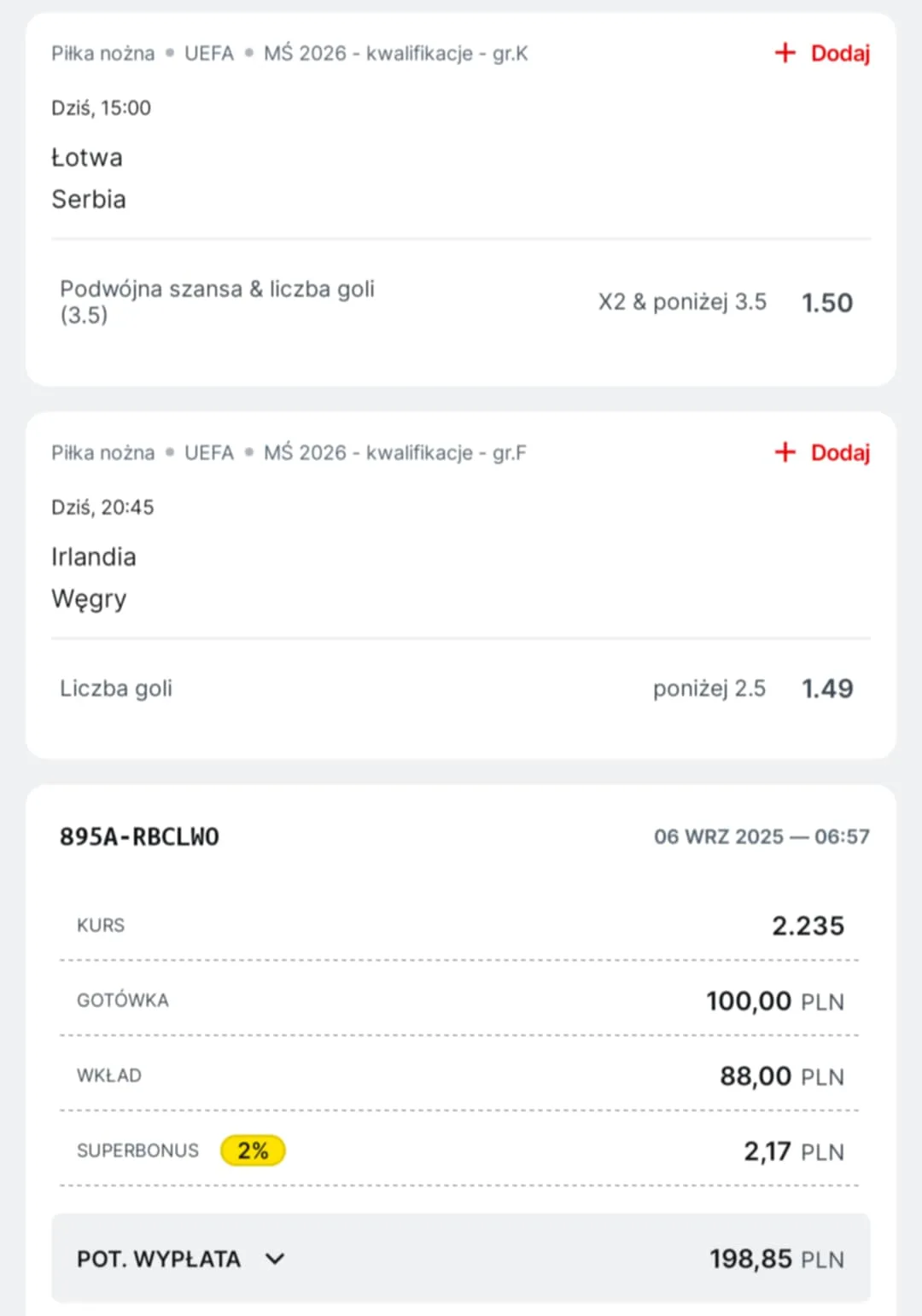 Kupon double eliminacje MŚ 2026, 06.09.2025
