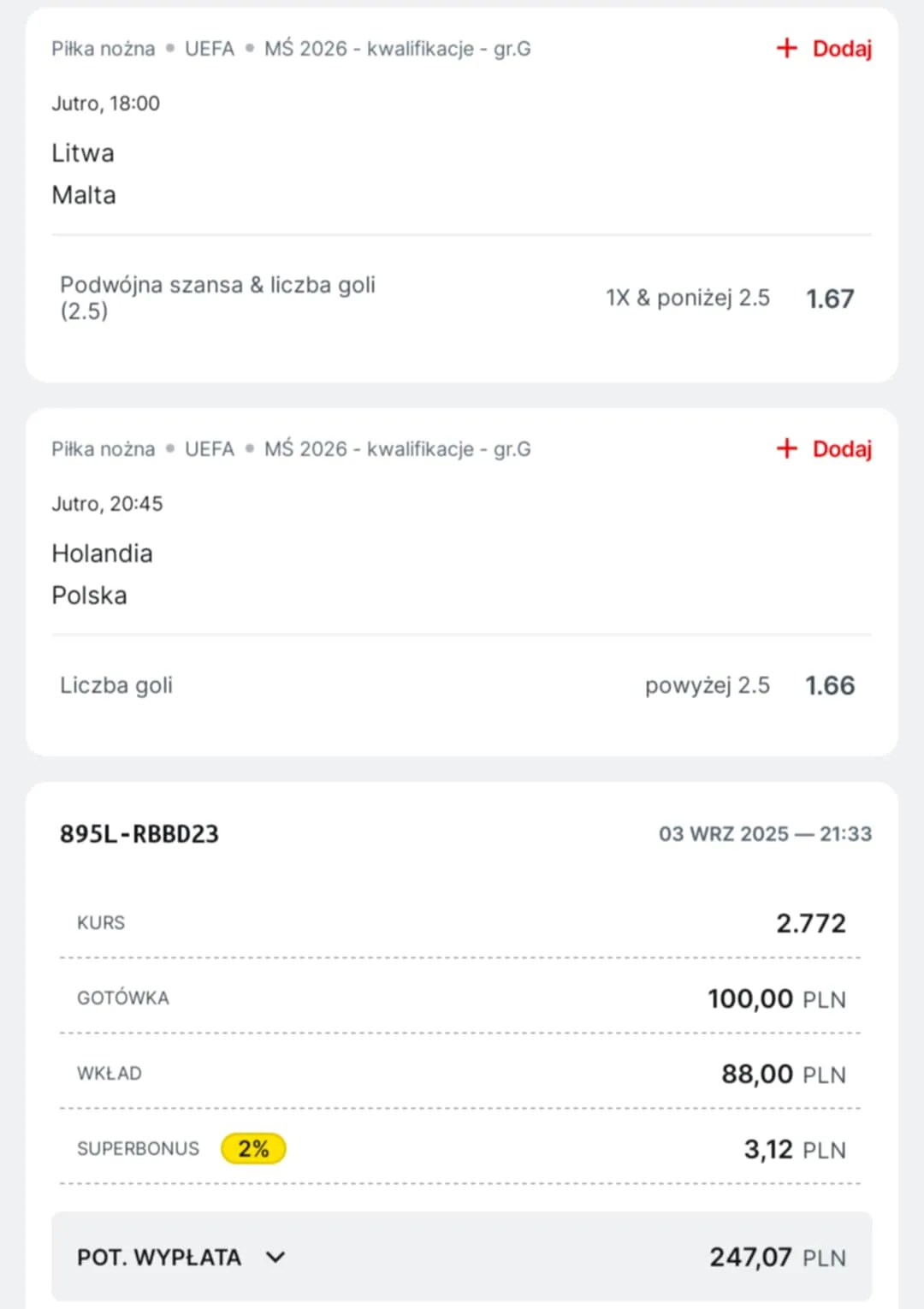 Kupon double eliminacje MŚ 2026, 04.09.2025