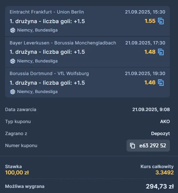 Kupon STS Bundesliga 21.09.