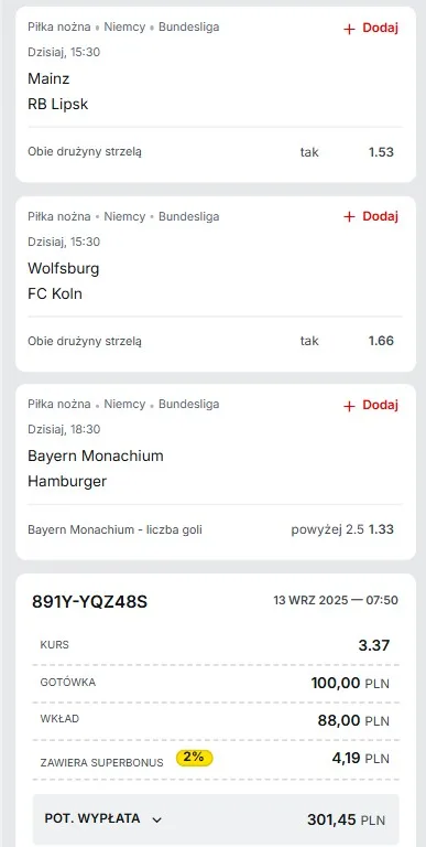 Kupon Bundesliga 13.09.