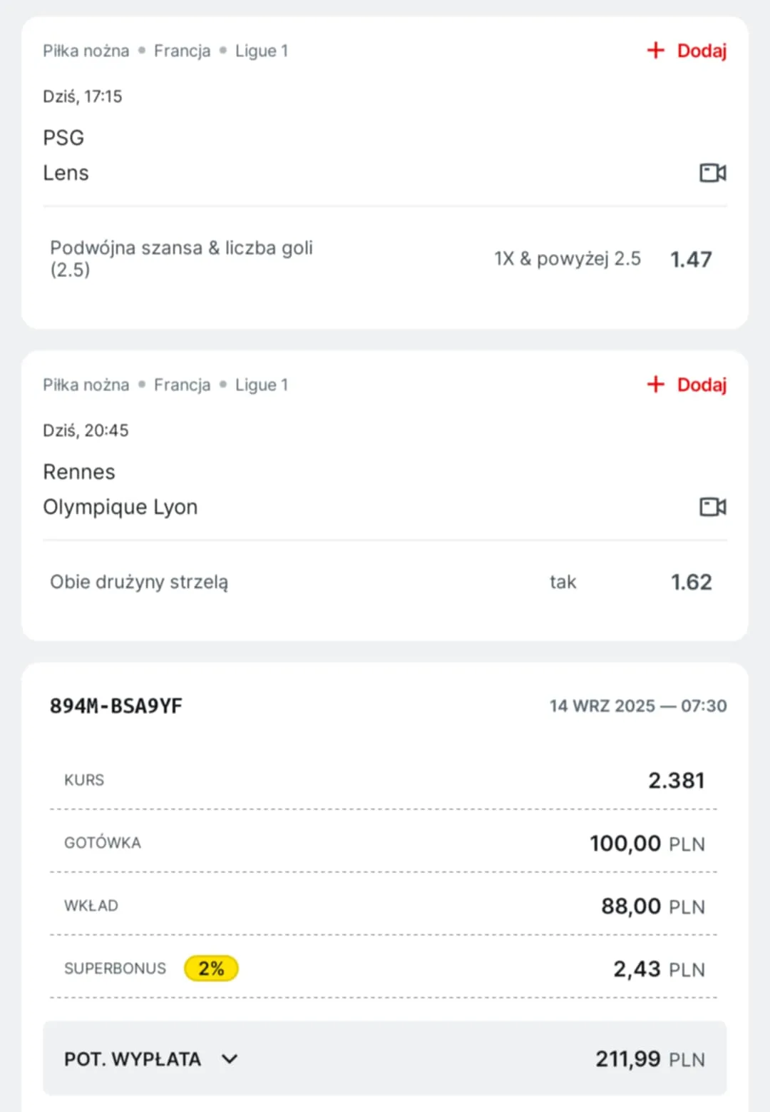 Kupon double Ligue 1, 14.09.2025