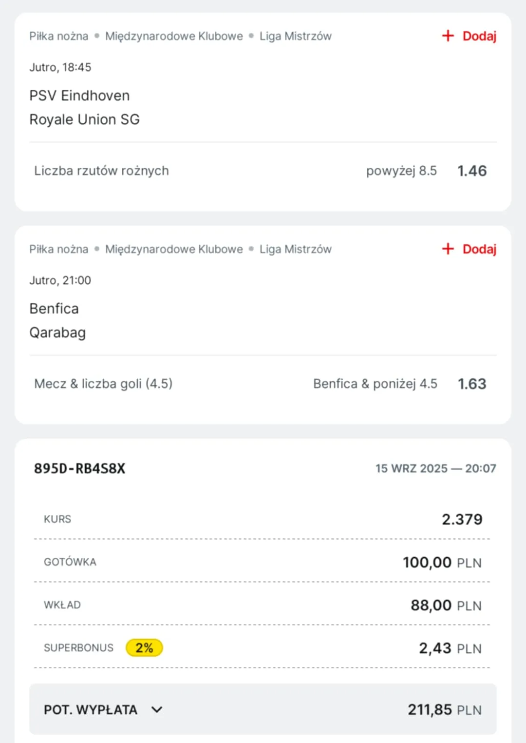 Kupon double Liga Mistrzów 16.09.2025