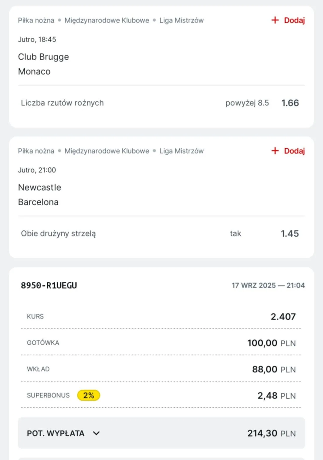 Kupon double Liga Mistrzów 18.09.2025
