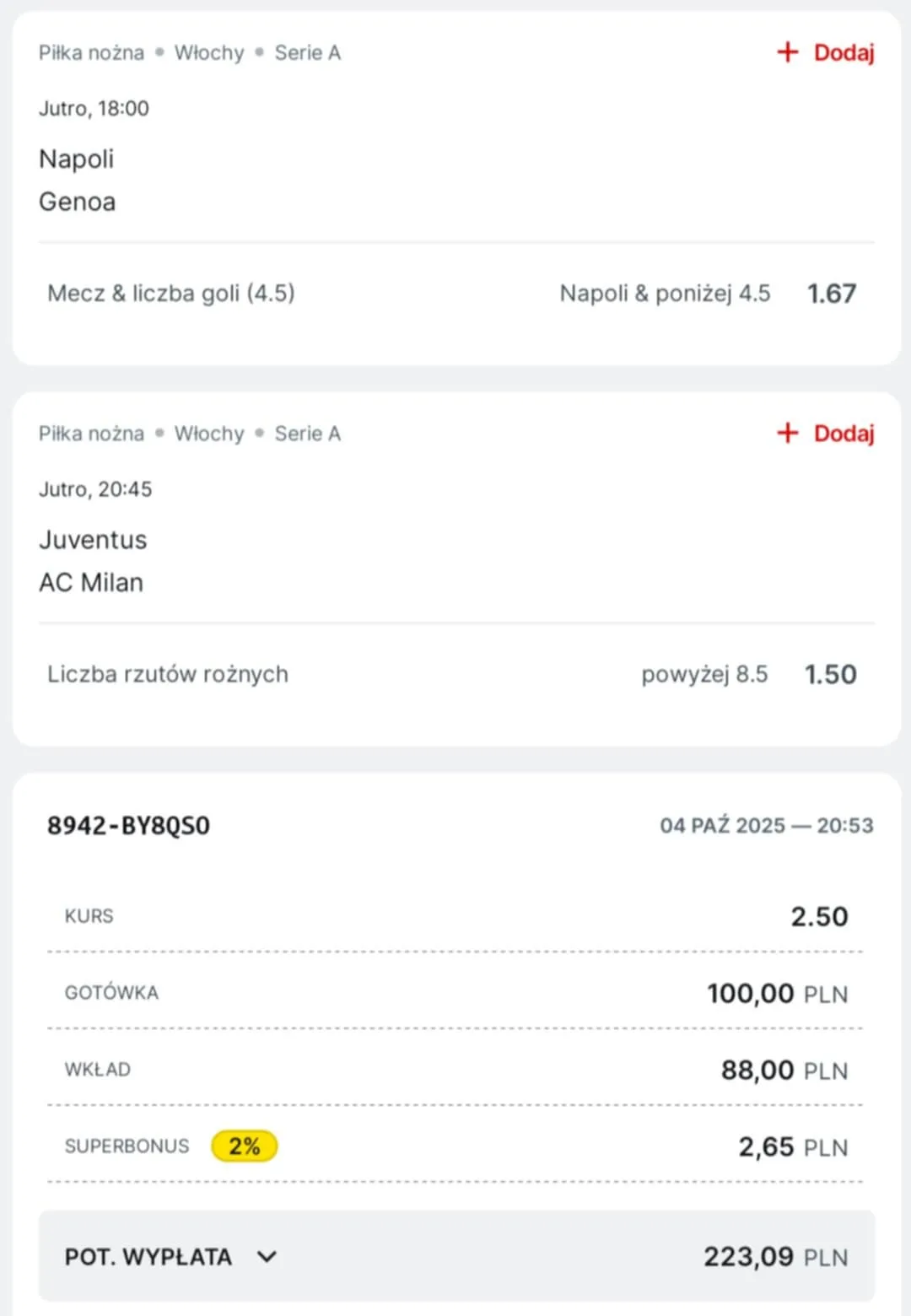 Kupon double Serie A 05.10.2025