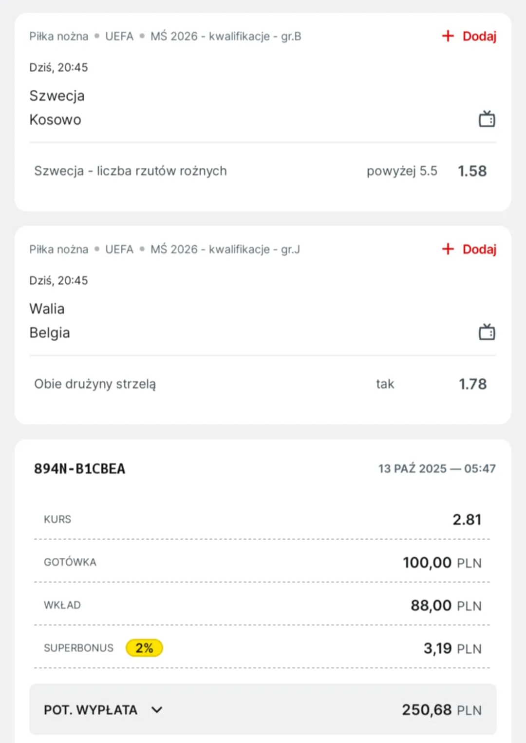 Kupon double eliminacje MŚ 13.10.2025