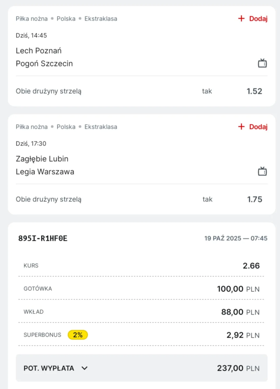 Kupon double Ekstraklasa, 19.10.2025