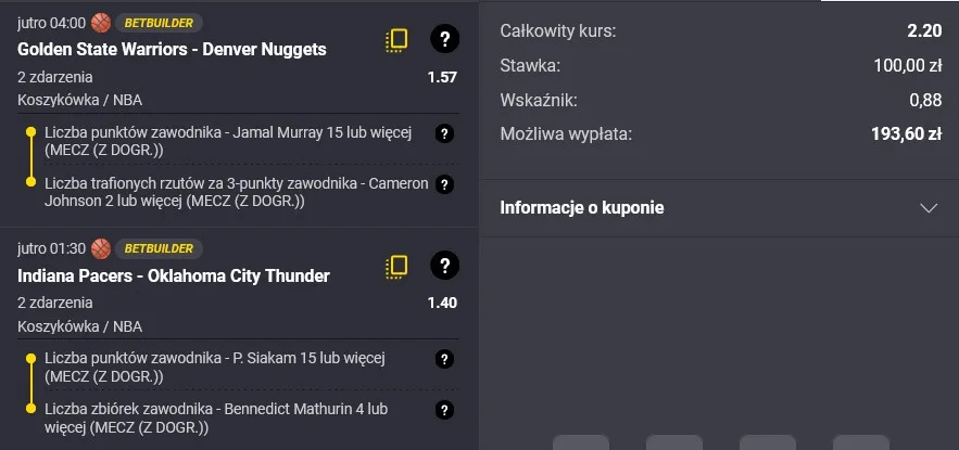 Kupon NBA w Fortunie w dniu 23.10.2025