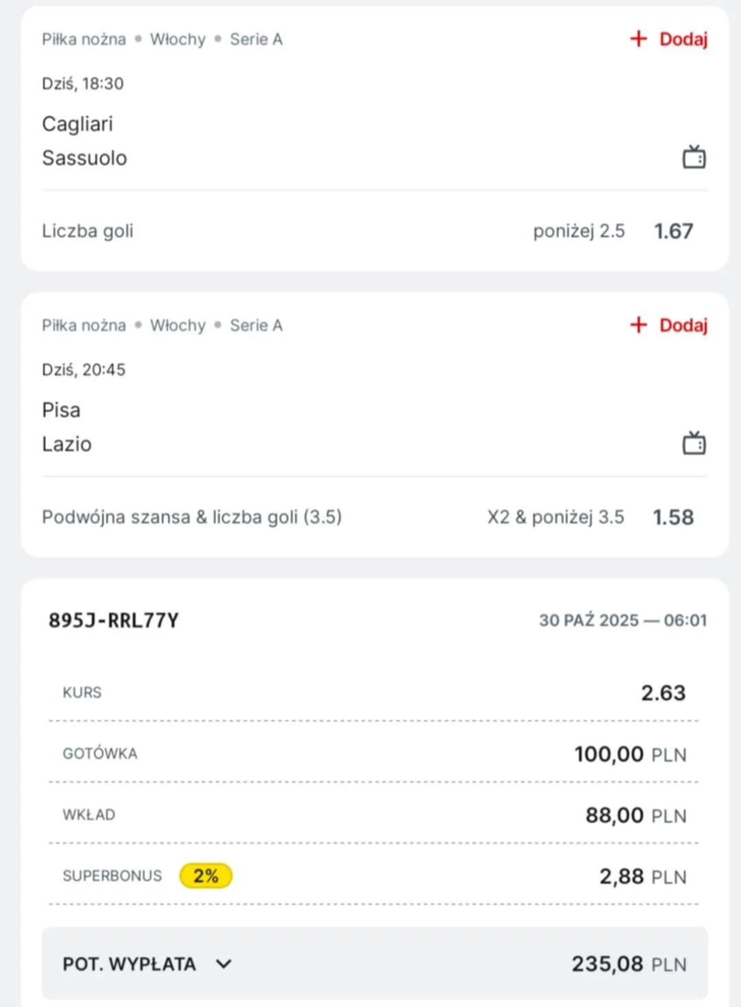 Kupon double Serie A, 30.10.2025