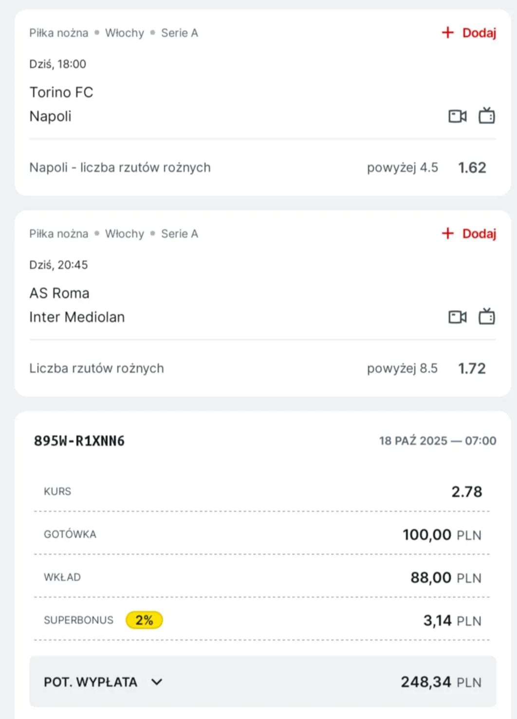 Kupon double Serie A, 18.10.2025