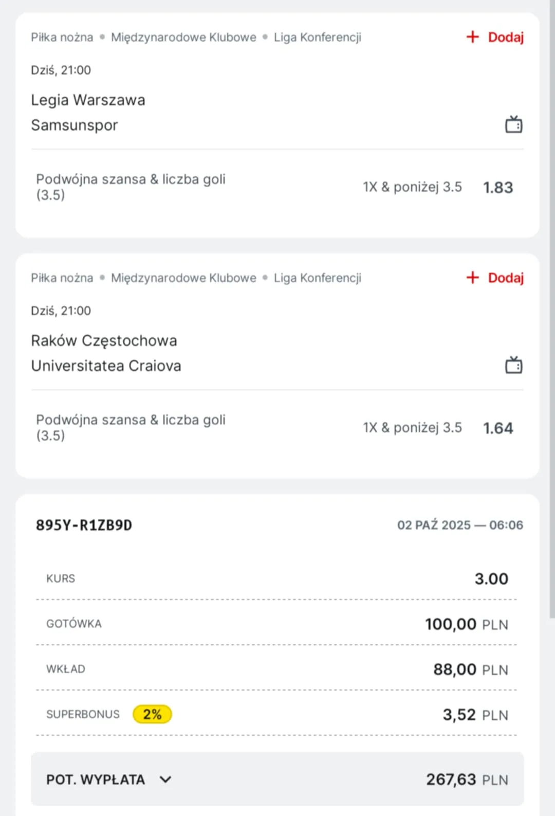 Kupon double Liga Konferencji 02.10.2025