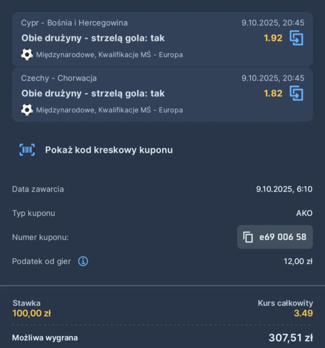 Kupon double Eliminacje MŚ 09.10.2025