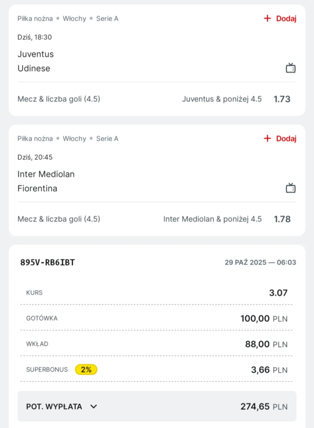 Kupon double Serie A, 29.10.2025