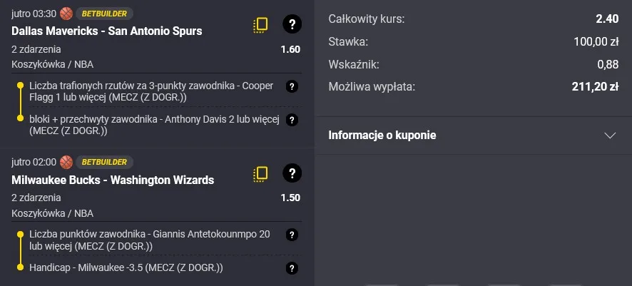 Kupon NBA w Fortunie w dniu 22.10.2025