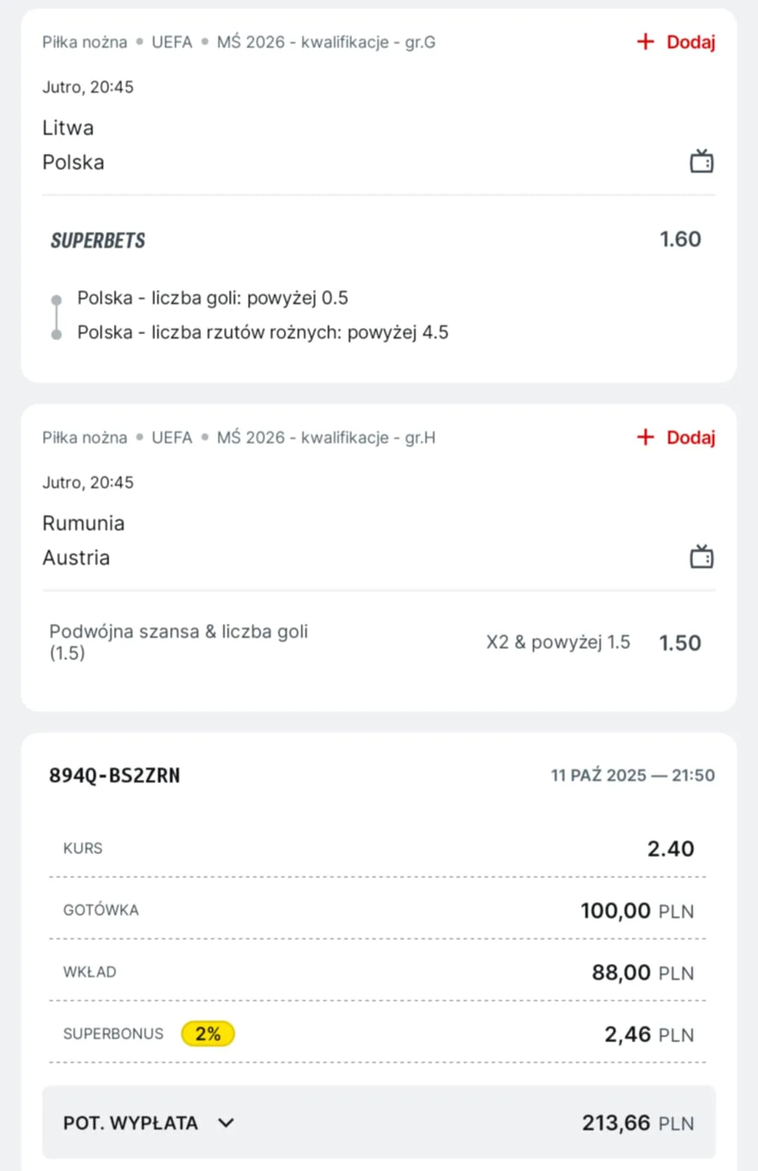Kupon double Eliminacje MŚ, 12.10.2025