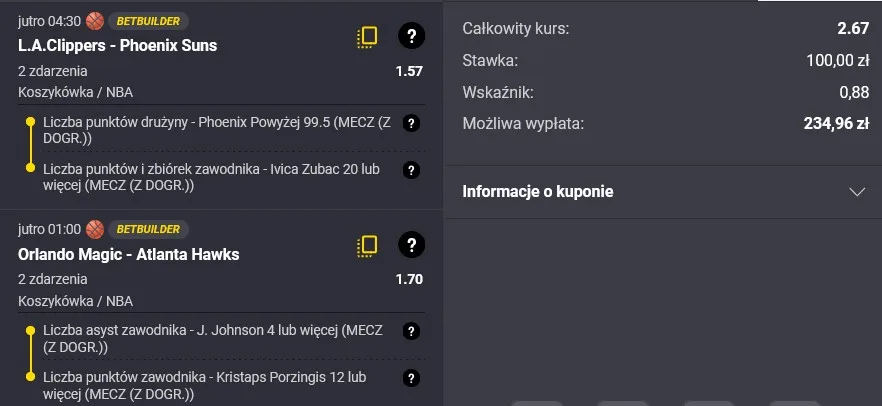 NBA kupon w Fortunie w dniu 24.10.2025