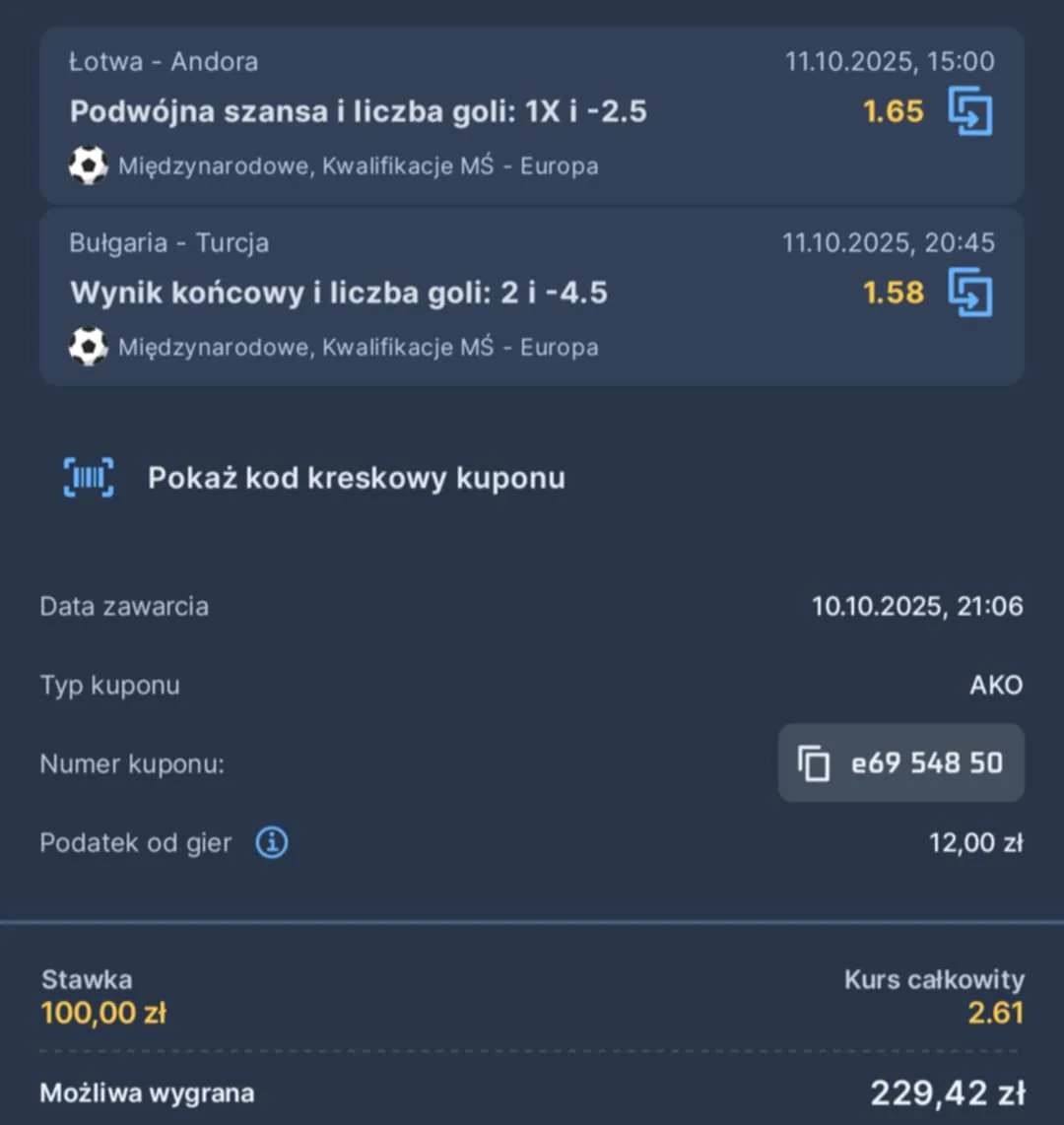 Kupon double Eliminacje MŚ 11.10.2025