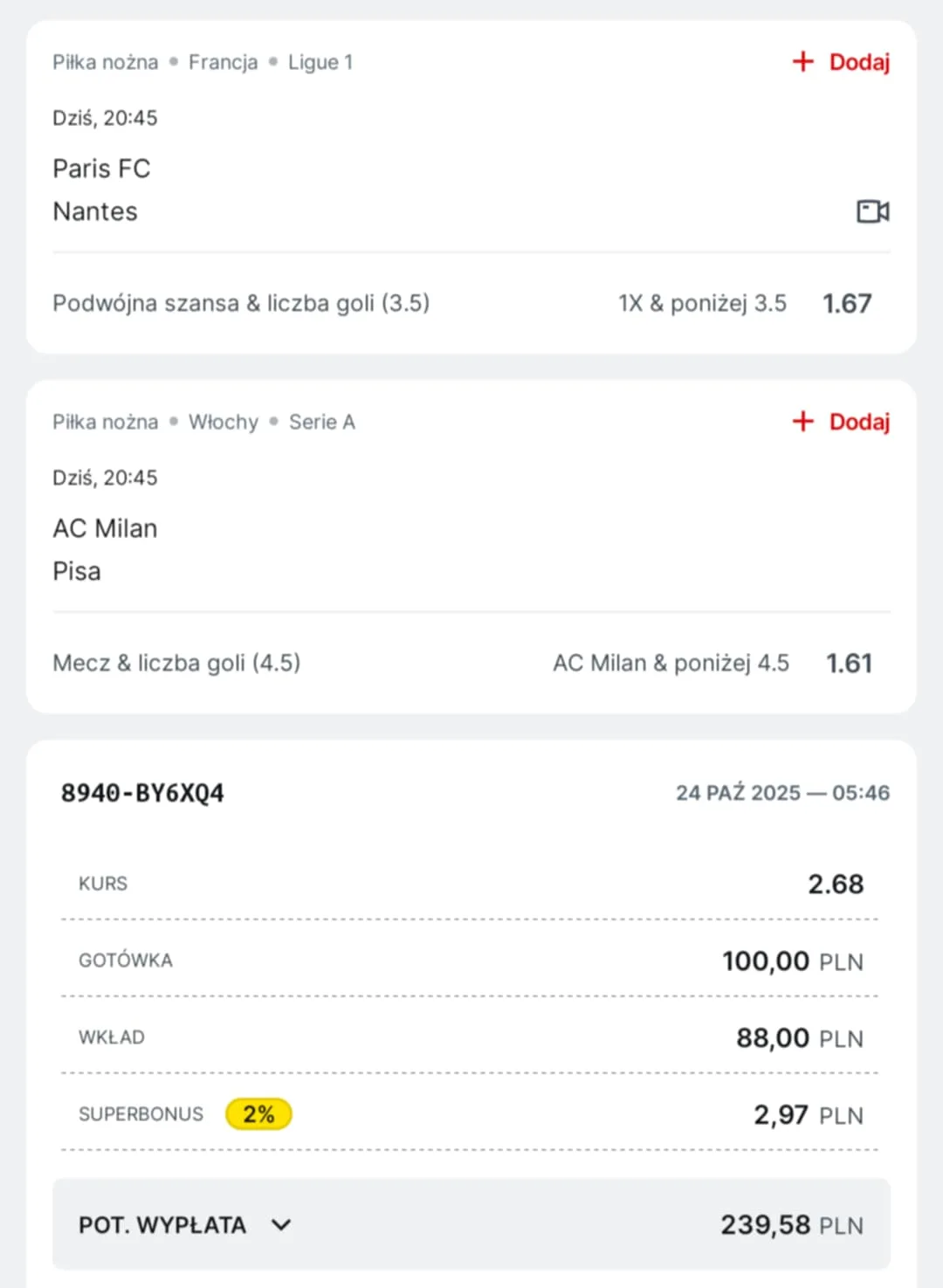 Kupon double Serie A, Ligue 1, 24.10.2025