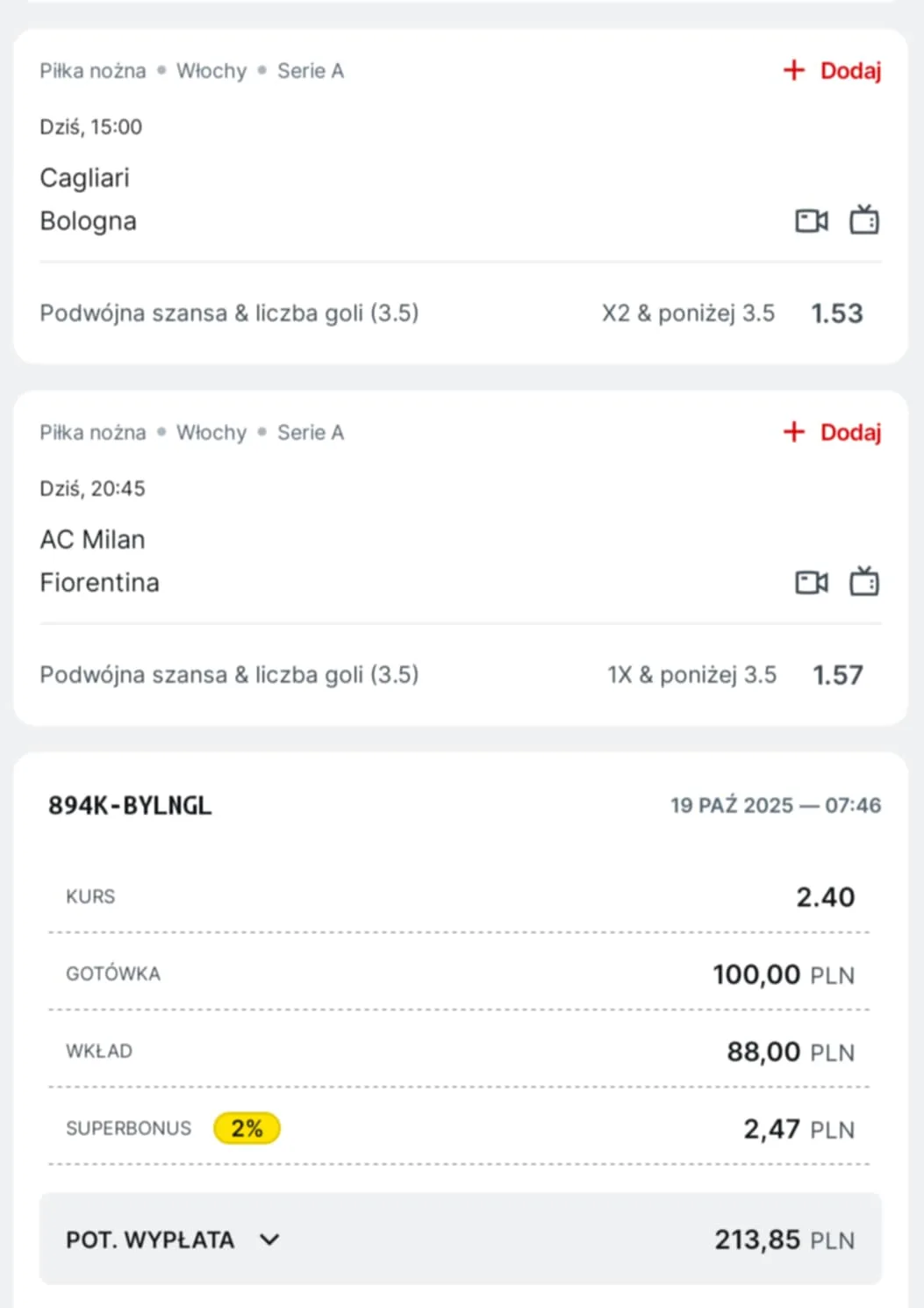 Kupon double Serie A, 19.10.2025