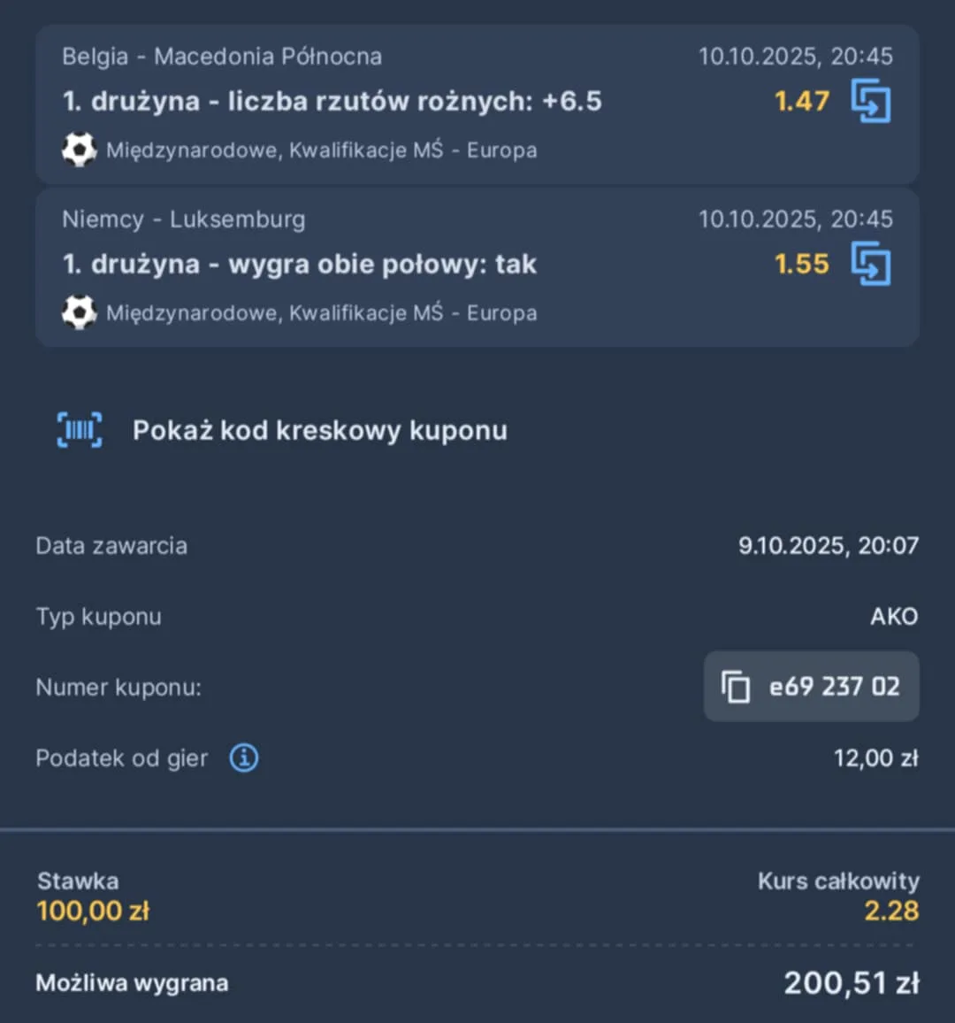 Kupon double eliminacje MŚ, 10.10.2025