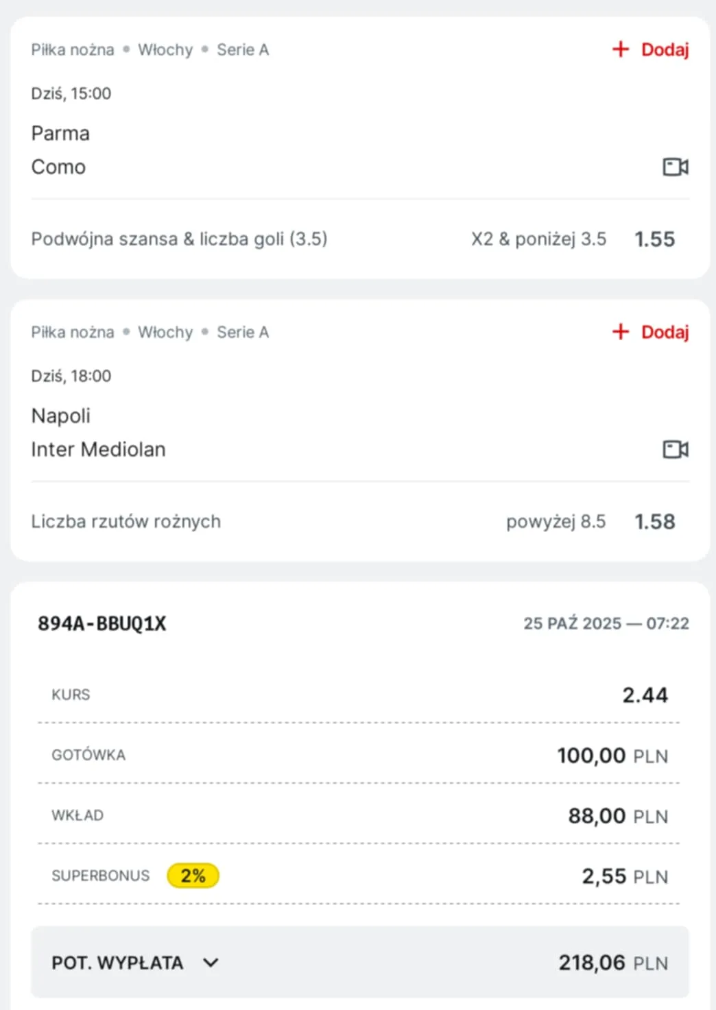 Kupon double Serie A 25.10.2025