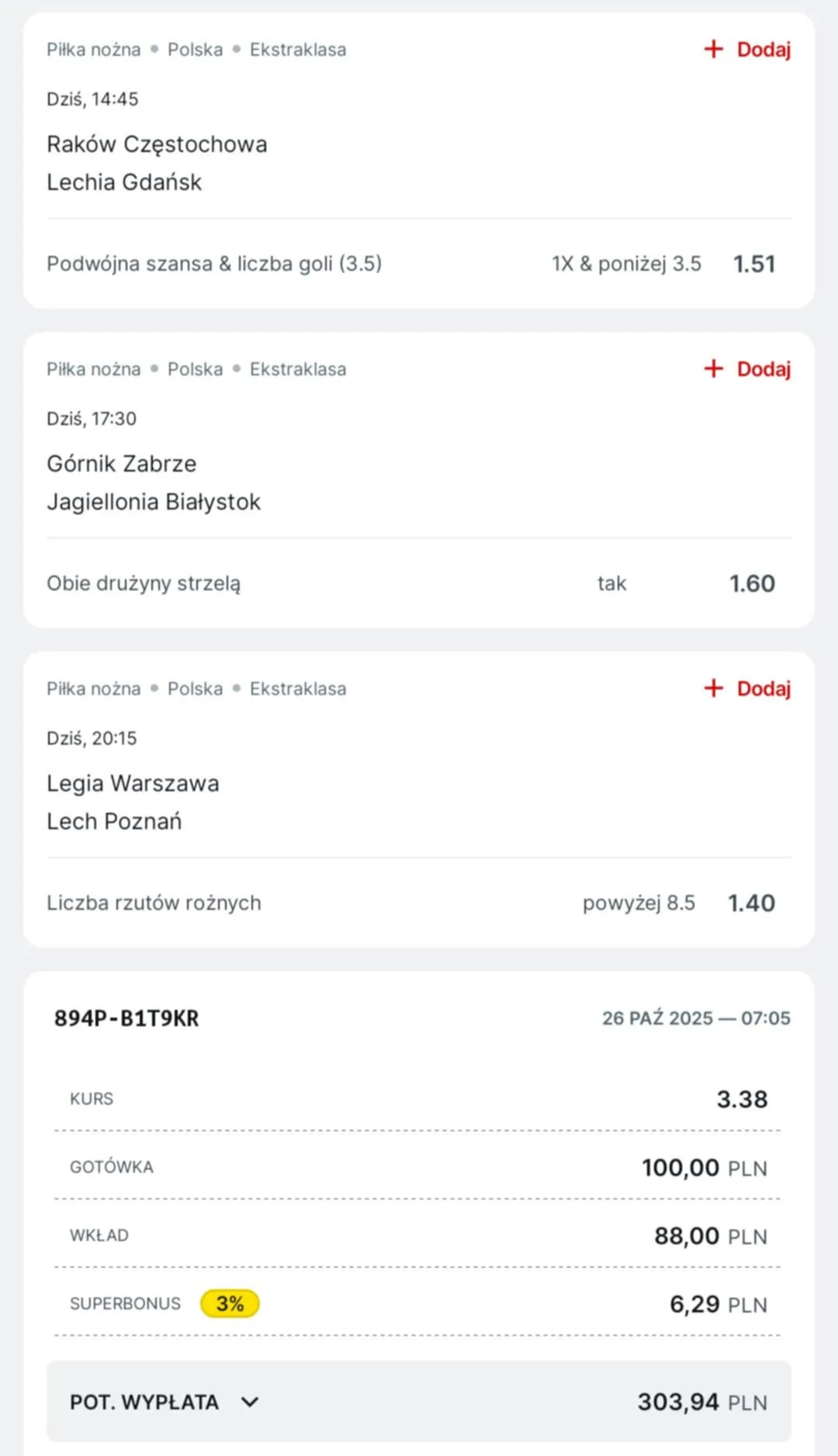 Kupon triple Ekstraklasa, 26.10.2025