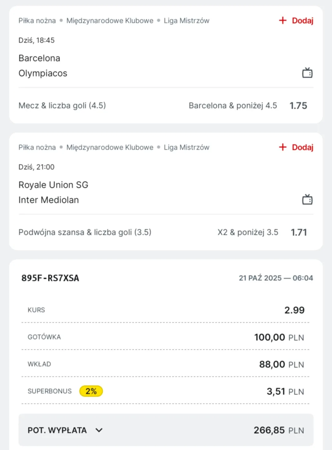 Kupon double Liga Mistrzów, 21.10.2025