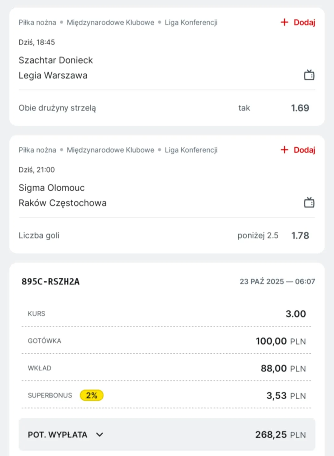 Kupon double Liga Konferencji 23.10.2025